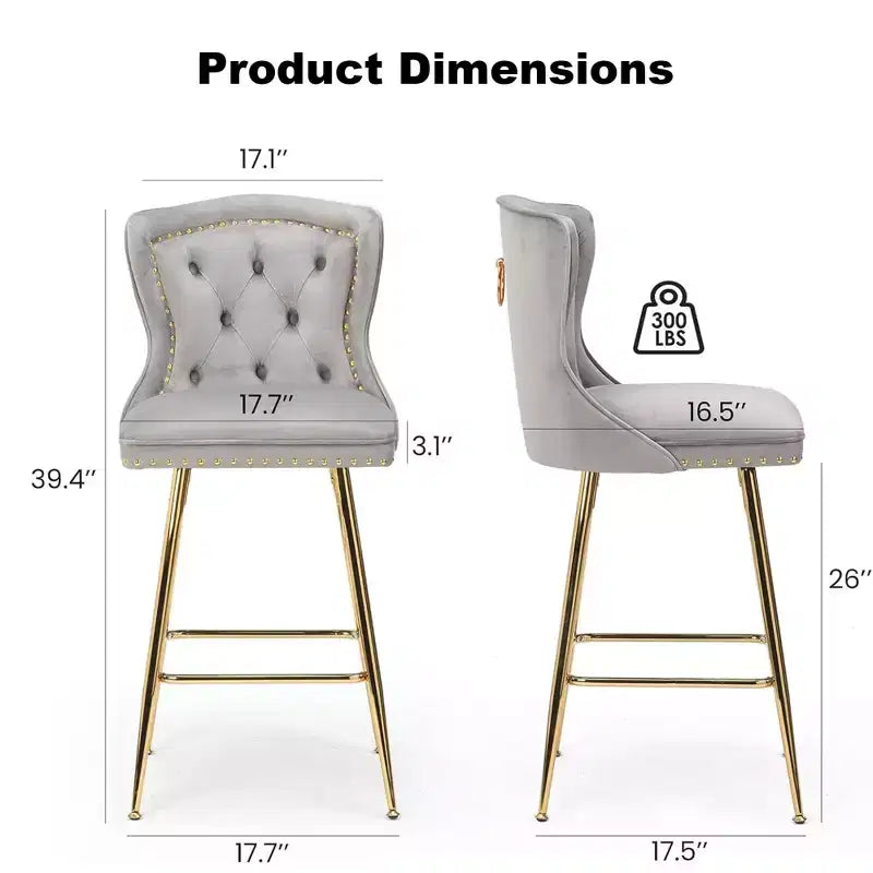 MAYEERTY Gray Velvet Bar Stools Set of 2, Button-Tufted Wing-Back,Metal Legs for Kitchen Island & Pub
