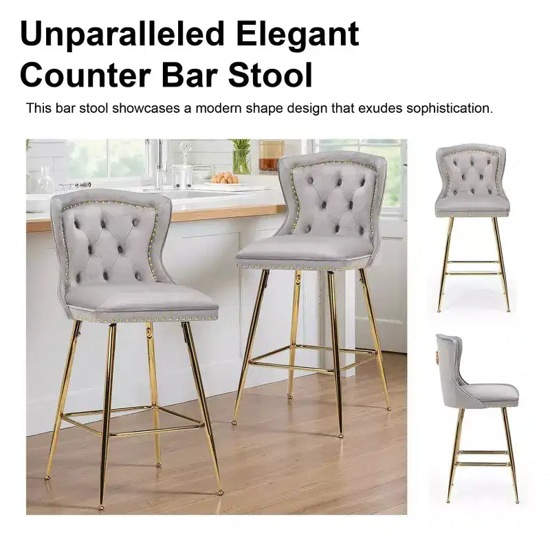 MAYEERTY Gray Velvet Bar Stools Set of 2, Button-Tufted Wing-Back,Metal Legs for Kitchen Island & Pub