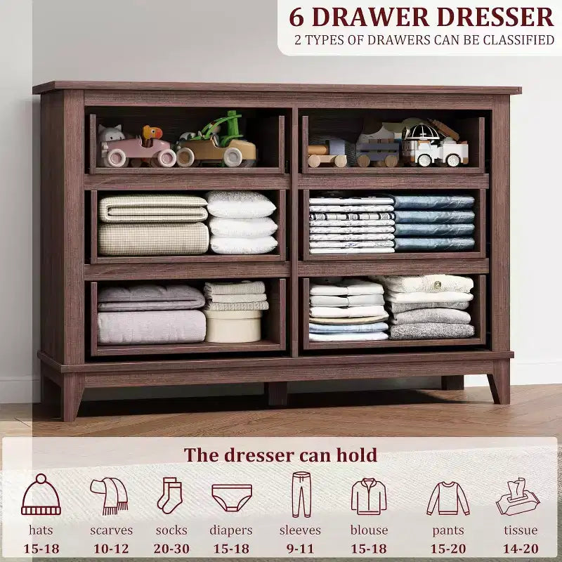 6 Drawer Dresser for Bedroom, 47 Wide Wooden Storage Chest, Modern Freestanding Closet Organizer, Living Room, Entryway