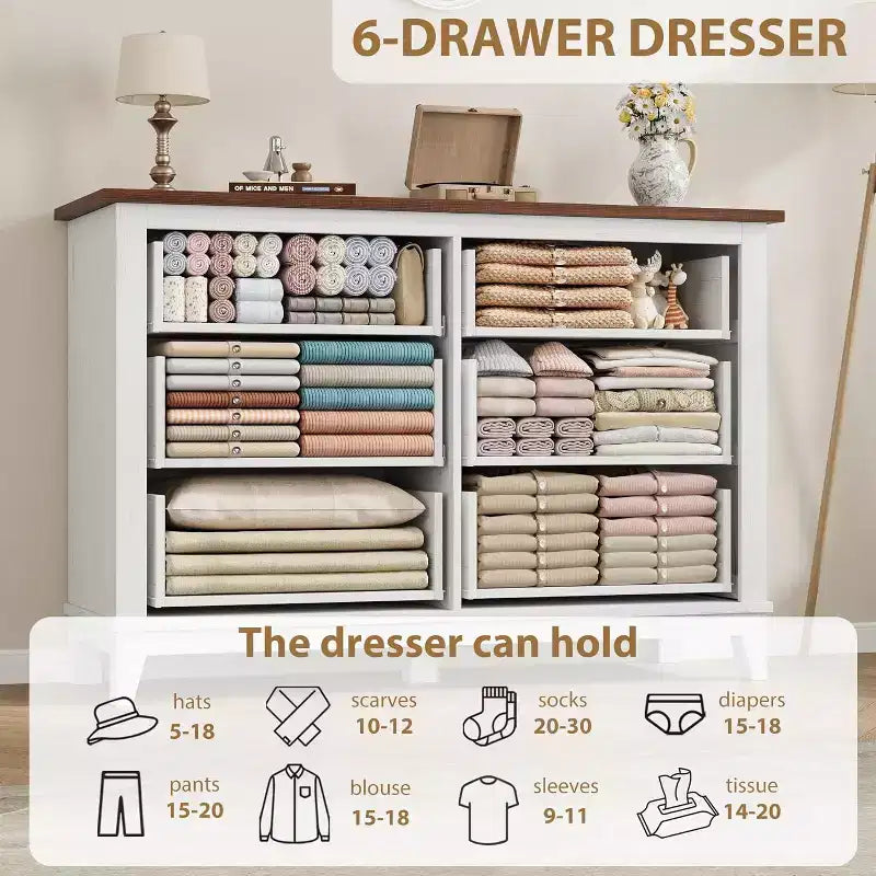 6 Drawer Dresser for Bedroom, 47 Wide Wooden Storage Chest, Modern Freestanding Closet Organizer, Living Room, Entryway