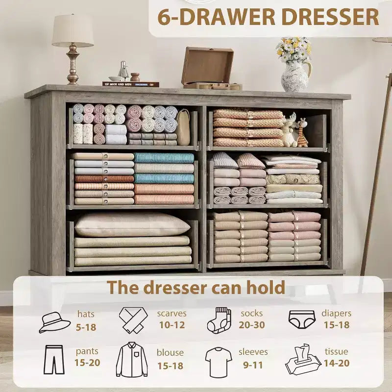 6 Drawer Dresser for Bedroom, 47 Wide Wooden Storage Chest, Modern Freestanding Closet Organizer, Living Room, Entryway