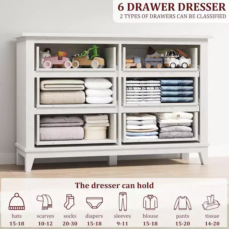 6 Drawer Dresser for Bedroom, 47 Wide Wooden Storage Chest, Modern Freestanding Closet Organizer, Living Room, Entryway