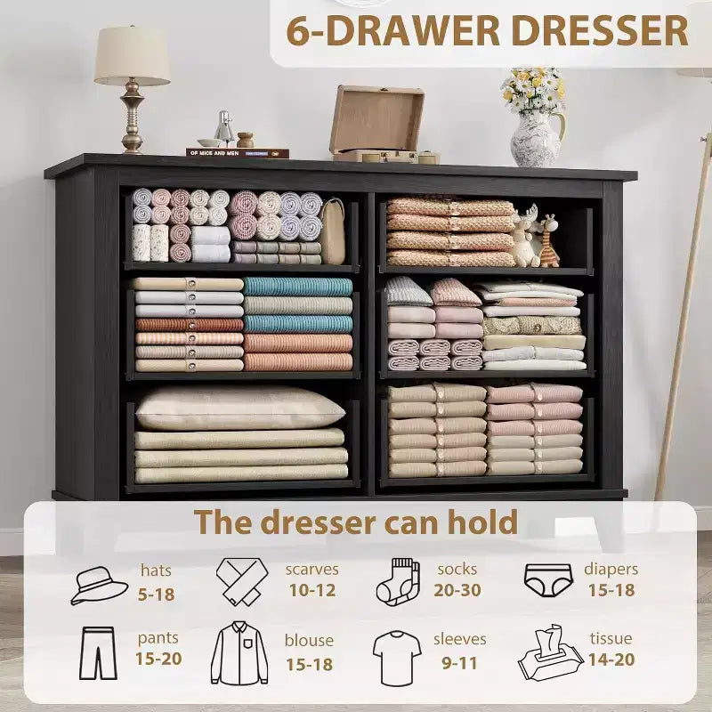 6 Drawer Dresser for Bedroom, 47 Wide Wooden Storage Chest, Modern Freestanding Closet Organizer, Living Room, Entryway