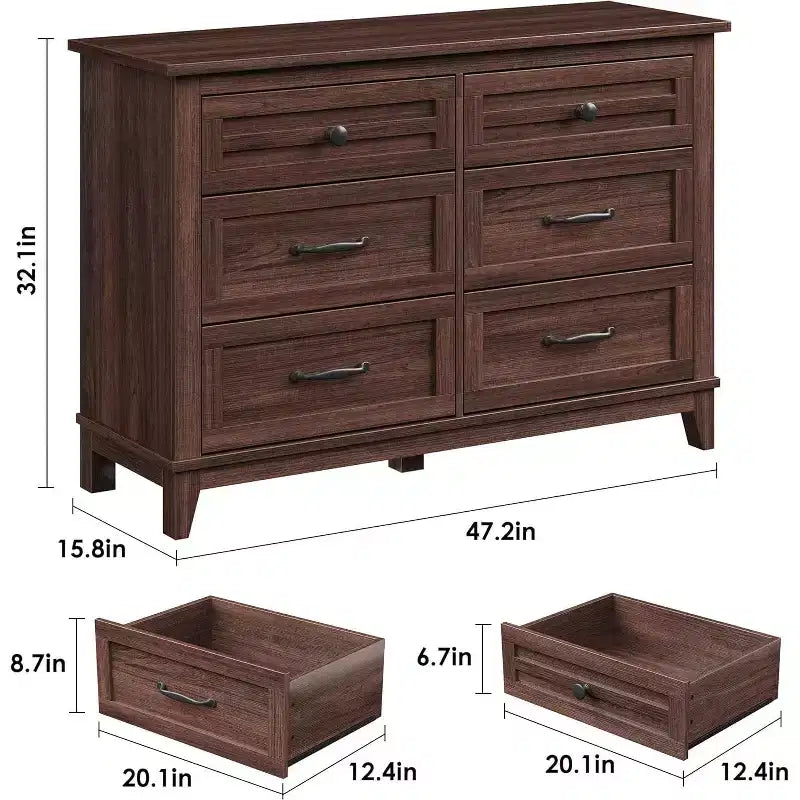 6 Drawer Dresser for Bedroom, 47 Wide Wooden Storage Chest, Modern Freestanding Closet Organizer, Living Room, Entryway