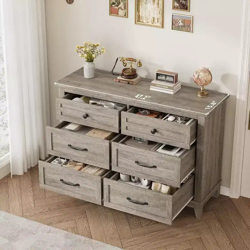 6 Drawer Dresser for Bedroom, 47 Wide Wooden Storage Chest, Modern Freestanding Closet Organizer, Living Room, Entryway