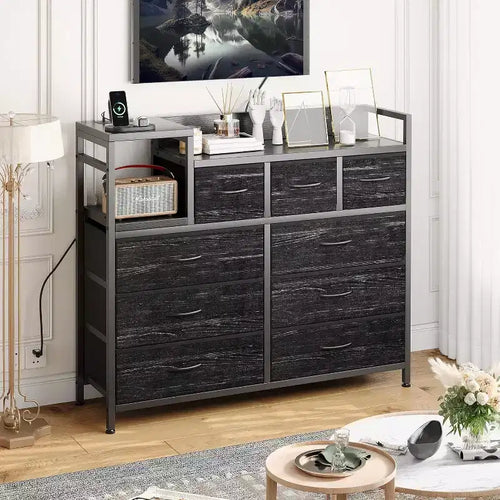 Commode de rangement à 9 tiroirs - Cadre en acier/MDF avec station de recharge, tiroirs de 3 tailles pour chambre/salon
