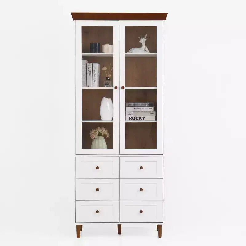 MAYEERTY Storage Cabinet White MDF Display with Glass Doors Adjustable Shelves Freestanding Cupboard for Kitchen Living Room