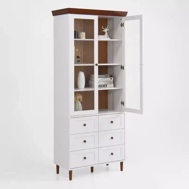 MAYEERTY Storage Cabinet White MDF Display with Glass Doors Adjustable Shelves Freestanding Cupboard for Kitchen Living Room