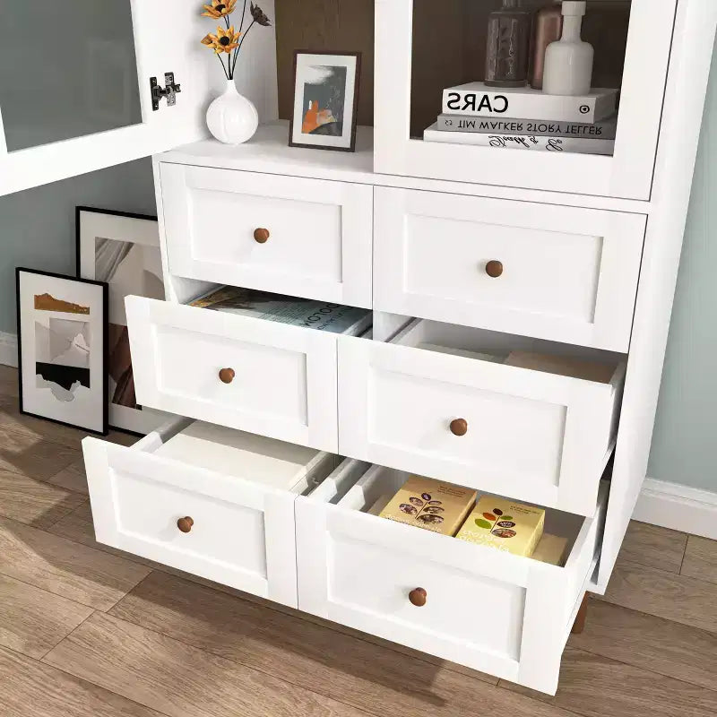 MAYEERTY Storage Cabinet White MDF Display with Glass Doors Adjustable Shelves Freestanding Cupboard for Kitchen Living Room