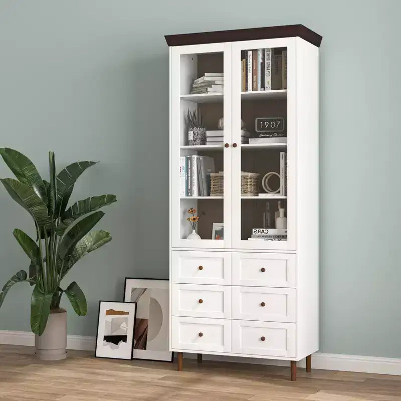 MAYEERTY Storage Cabinet White MDF Display with Glass Doors Adjustable Shelves Freestanding Cupboard for Kitchen Living Room