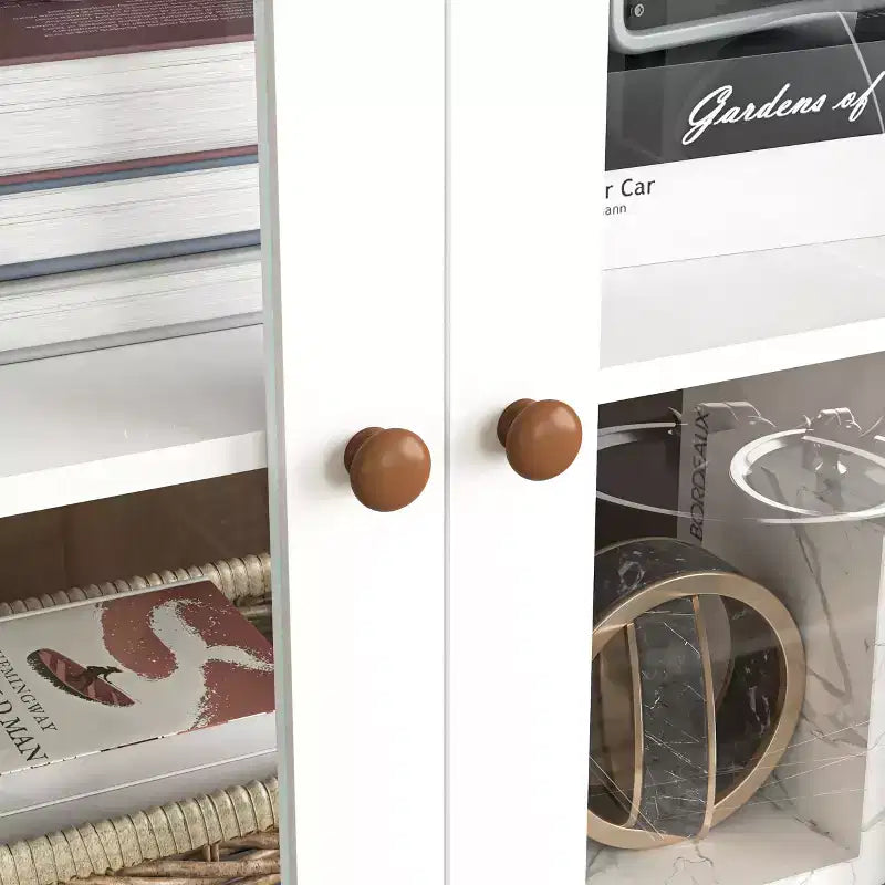 MAYEERTY Storage Cabinet White MDF Display with Glass Doors Adjustable Shelves Freestanding Cupboard for Kitchen Living Room