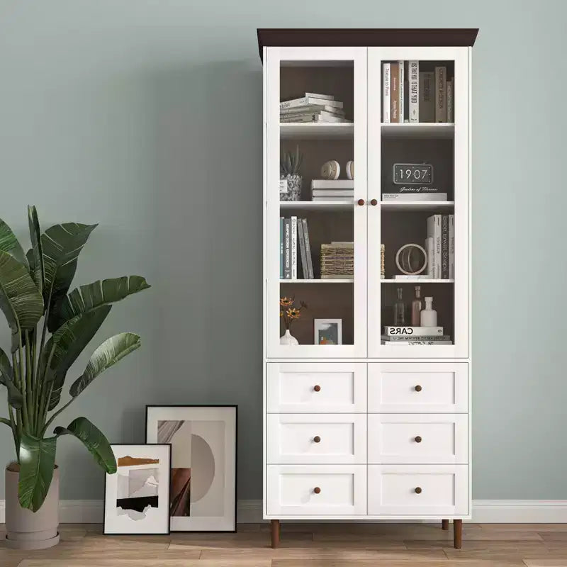 MAYEERTY Storage Cabinet White MDF Display with Glass Doors Adjustable Shelves Freestanding Cupboard for Kitchen Living Room