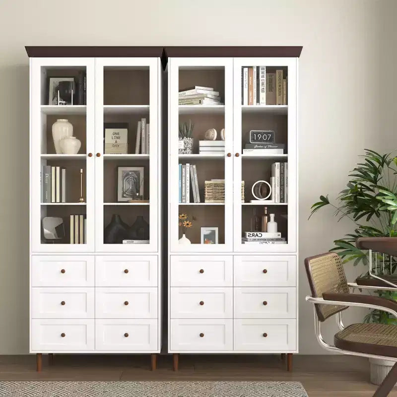MAYEERTY Storage Cabinet White MDF Display with Glass Doors Adjustable Shelves Freestanding Cupboard for Kitchen Living Room