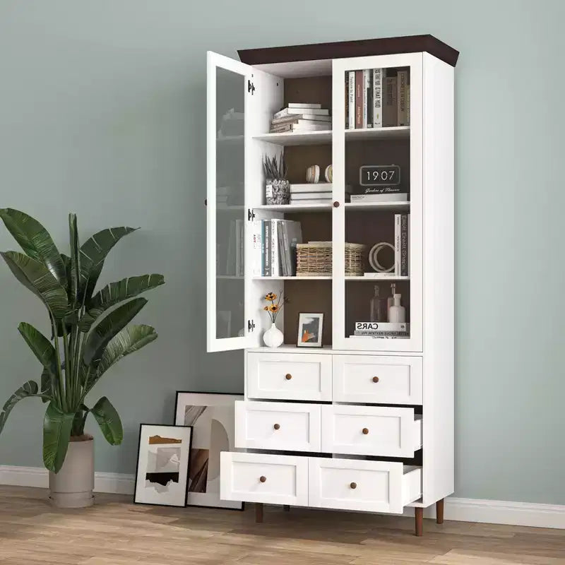 MAYEERTY Storage Cabinet White MDF Display with Glass Doors Adjustable Shelves Freestanding Cupboard for Kitchen Living Room