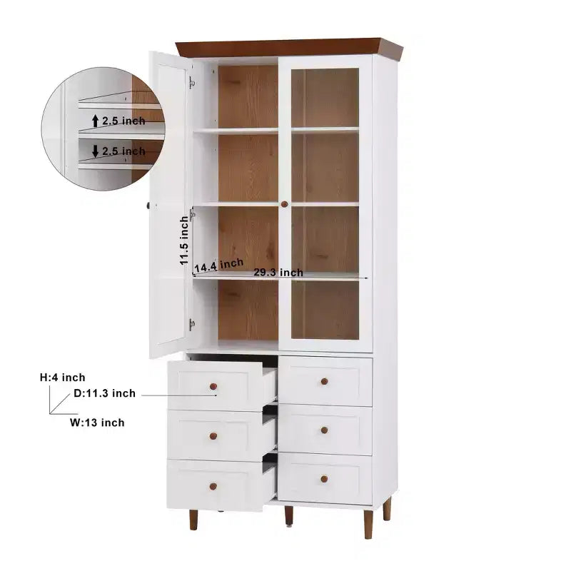 MAYEERTY Storage Cabinet White MDF Display with Glass Doors Adjustable Shelves Freestanding Cupboard for Kitchen Living Room