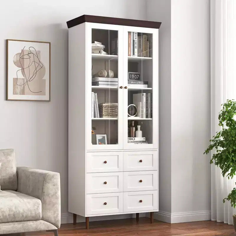 MAYEERTY Storage Cabinet White MDF Display with Glass Doors Adjustable Shelves Freestanding Cupboard for Kitchen Living Room