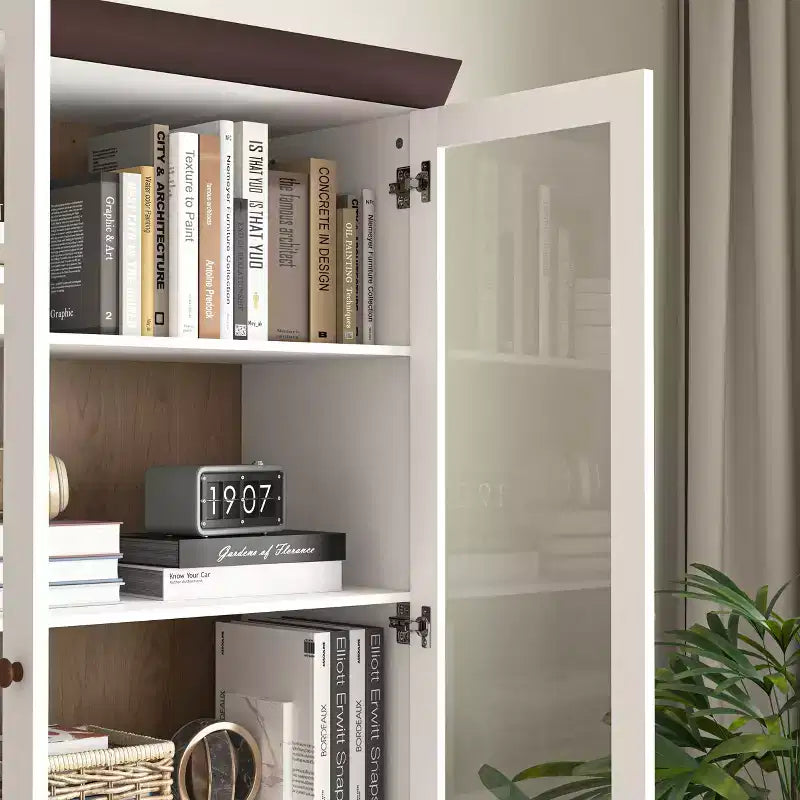 MAYEERTY Storage Cabinet White MDF Display with Glass Doors Adjustable Shelves Freestanding Cupboard for Kitchen Living Room
