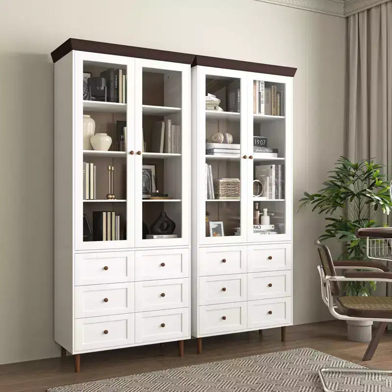 MAYEERTY Storage Cabinet White MDF Display with Glass Doors Adjustable Shelves Freestanding Cupboard for Kitchen Living Room
