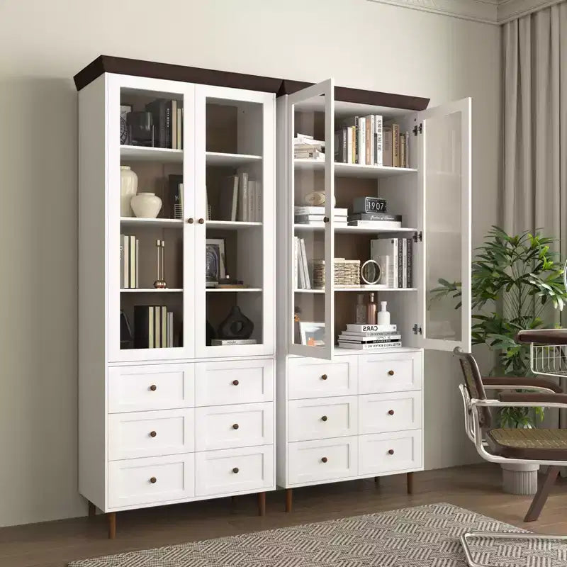 MAYEERTY Storage Cabinet White MDF Display with Glass Doors Adjustable Shelves Freestanding Cupboard for Kitchen Living Room