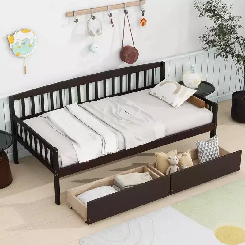 MAYEERTY Twin Pine Wood Daybed with Two Storage Drawers, 10 Support Slats, Brown