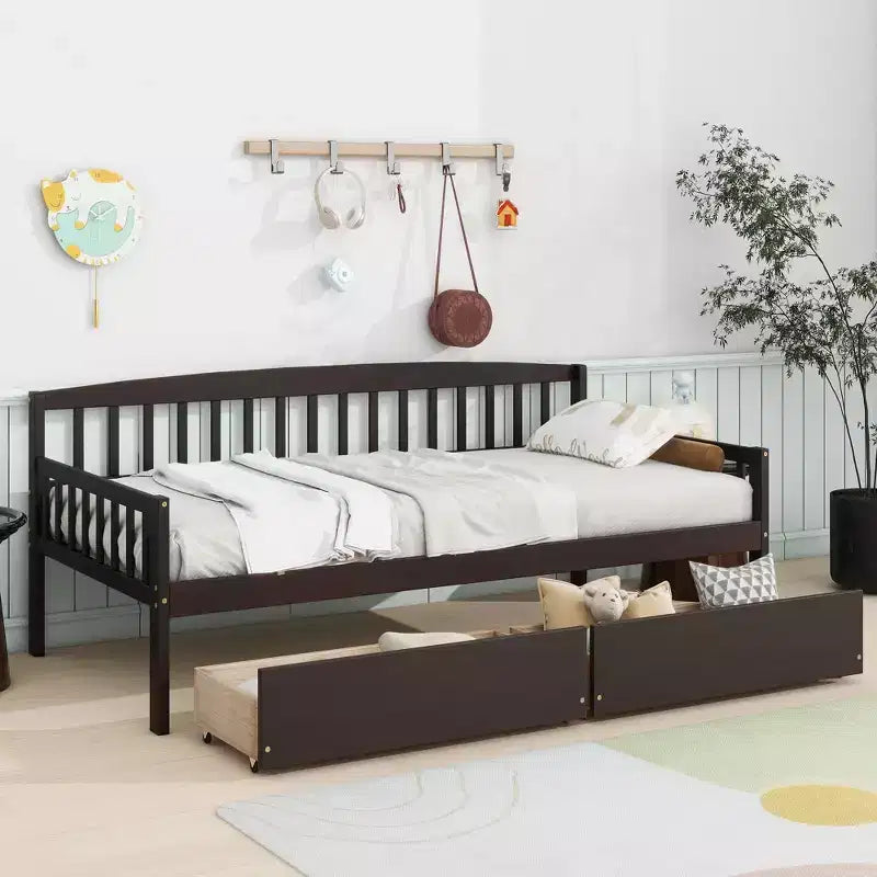MAYEERTY Twin Pine Wood Daybed with Two Storage Drawers, 10 Support Slats, Brown