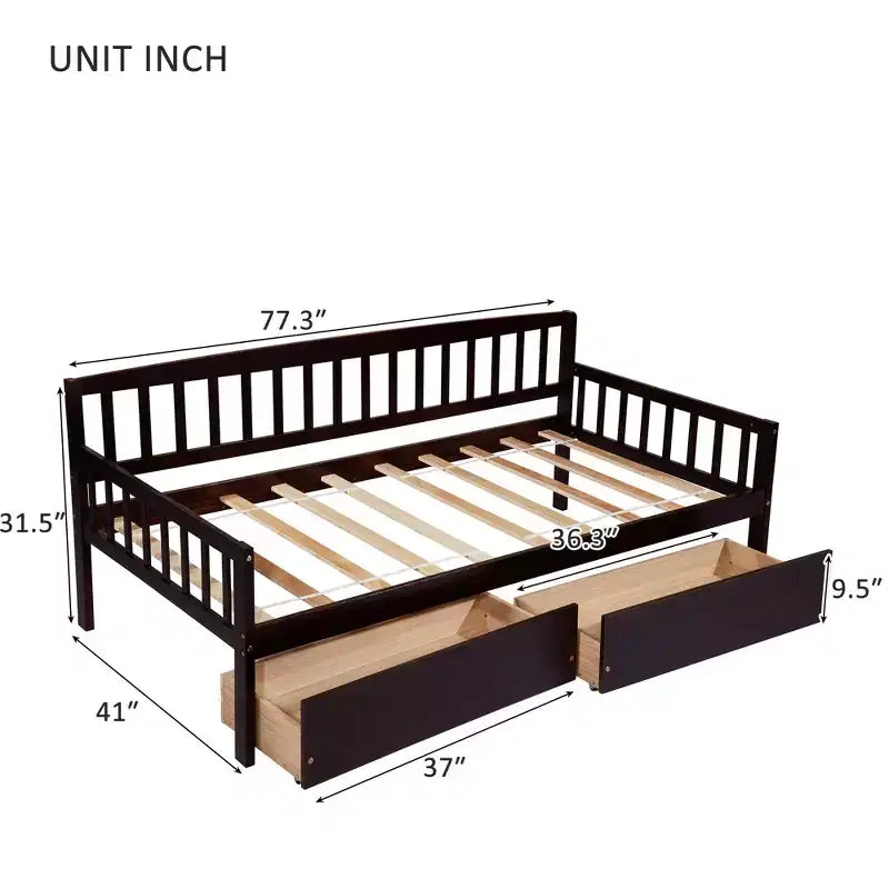 MAYEERTY Twin Pine Wood Daybed with Two Storage Drawers, 10 Support Slats, Brown