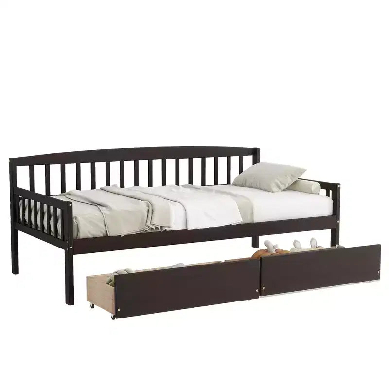 MAYEERTY Twin Pine Wood Daybed with Two Storage Drawers, 10 Support Slats, Brown