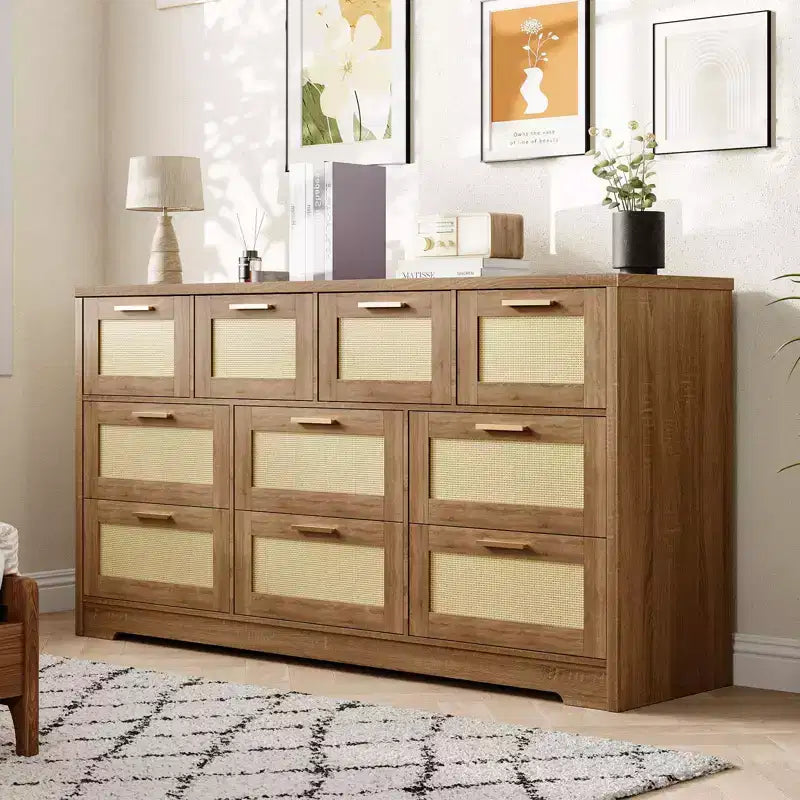 10-Drawer Dresser for Bedroom, Rattan Farmhouse Chest with Handles, Freestanding Wooden Storage Cabinet for Living Room, Closet, Entryway