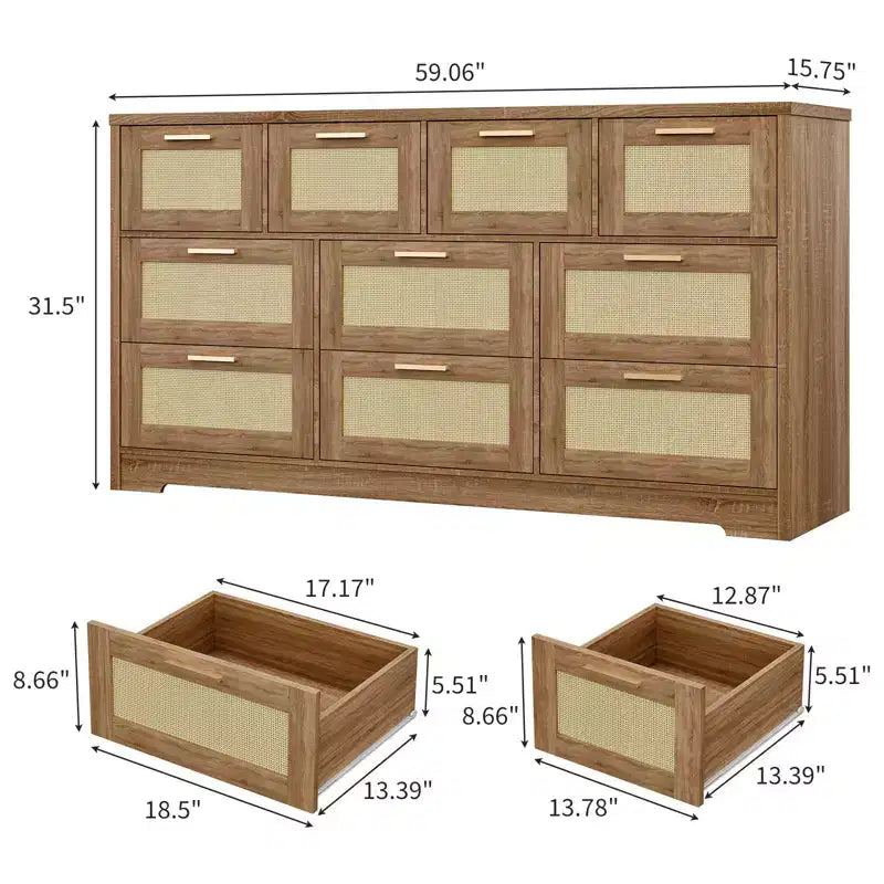 10-Drawer Dresser for Bedroom, Rattan Farmhouse Chest with Handles, Freestanding Wooden Storage Cabinet for Living Room, Closet, Entryway