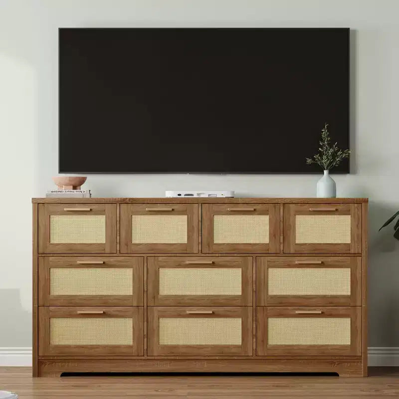 10-Drawer Dresser for Bedroom, Rattan Farmhouse Chest with Handles, Freestanding Wooden Storage Cabinet for Living Room, Closet, Entryway