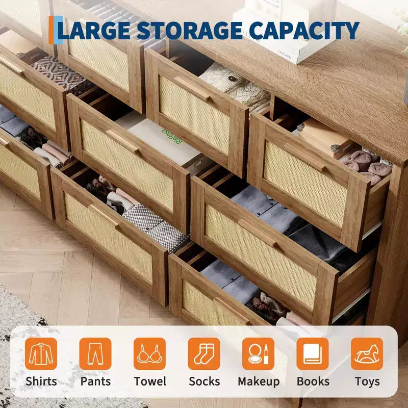 10-Drawer Dresser for Bedroom, Rattan Farmhouse Chest with Handles, Freestanding Wooden Storage Cabinet for Living Room, Closet, Entryway
