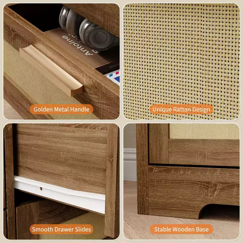 10-Drawer Dresser for Bedroom, Rattan Farmhouse Chest with Handles, Freestanding Wooden Storage Cabinet for Living Room, Closet, Entryway