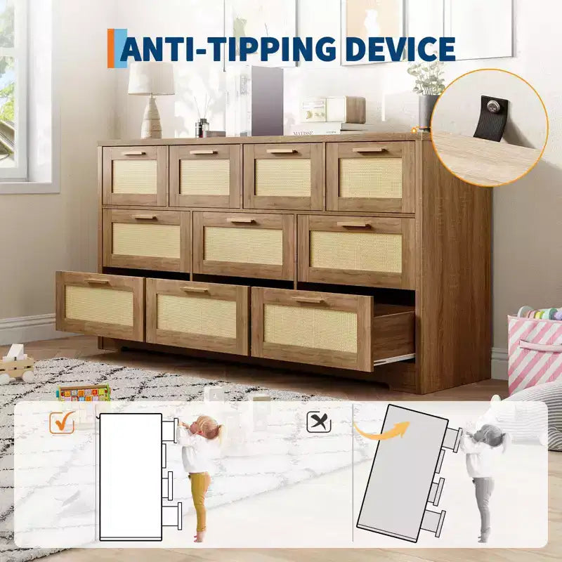 10-Drawer Dresser for Bedroom, Rattan Farmhouse Chest with Handles, Freestanding Wooden Storage Cabinet for Living Room, Closet, Entryway
