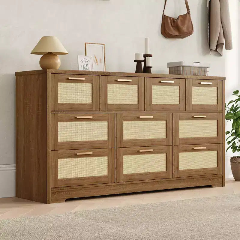 10-Drawer Dresser for Bedroom, Rattan Farmhouse Chest with Handles, Freestanding Wooden Storage Cabinet for Living Room, Closet, Entryway