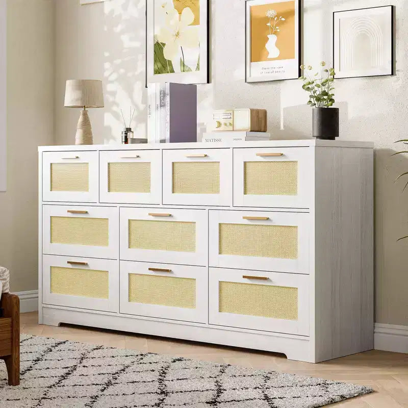 10-Drawer Dresser for Bedroom, Rattan Farmhouse Chest with Handles, Freestanding Wooden Storage Cabinet for Living Room, Closet, Entryway