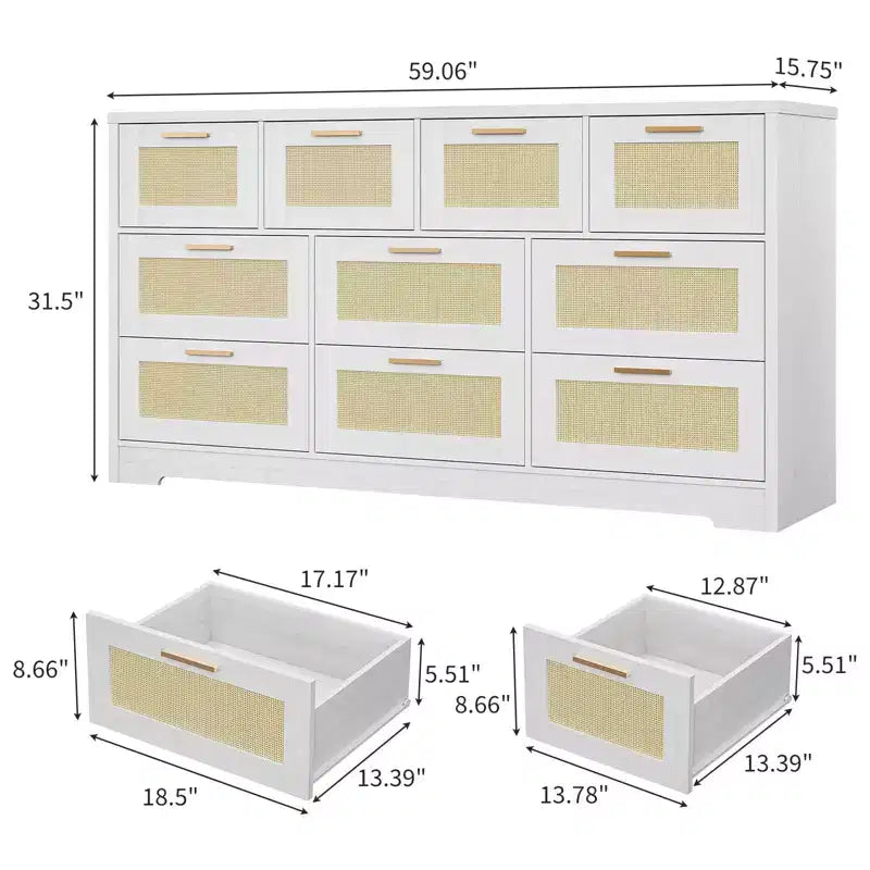10-Drawer Dresser for Bedroom, Rattan Farmhouse Chest with Handles, Freestanding Wooden Storage Cabinet for Living Room, Closet, Entryway