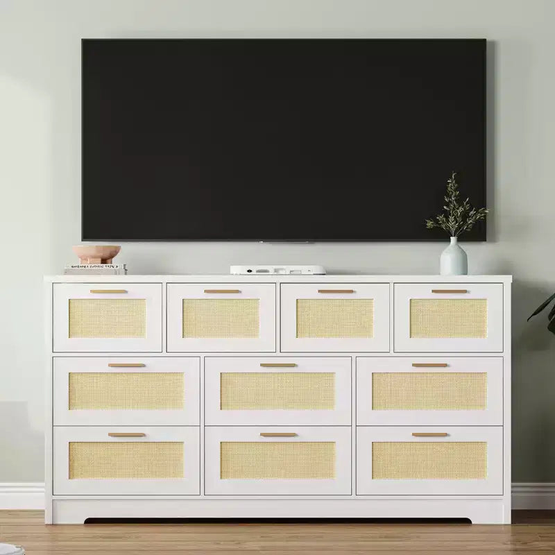 10-Drawer Dresser for Bedroom, Rattan Farmhouse Chest with Handles, Freestanding Wooden Storage Cabinet for Living Room, Closet, Entryway