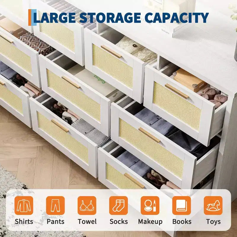 10-Drawer Dresser for Bedroom, Rattan Farmhouse Chest with Handles, Freestanding Wooden Storage Cabinet for Living Room, Closet, Entryway