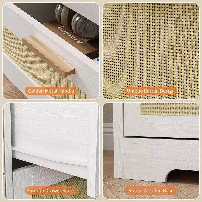10-Drawer Dresser for Bedroom, Rattan Farmhouse Chest with Handles, Freestanding Wooden Storage Cabinet for Living Room, Closet, Entryway
