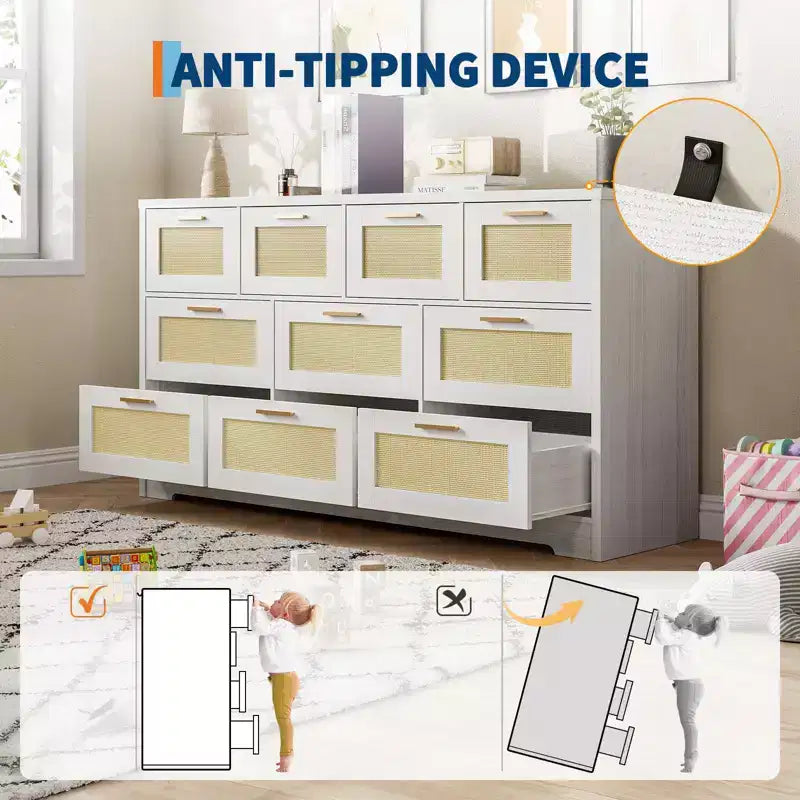 10-Drawer Dresser for Bedroom, Rattan Farmhouse Chest with Handles, Freestanding Wooden Storage Cabinet for Living Room, Closet, Entryway