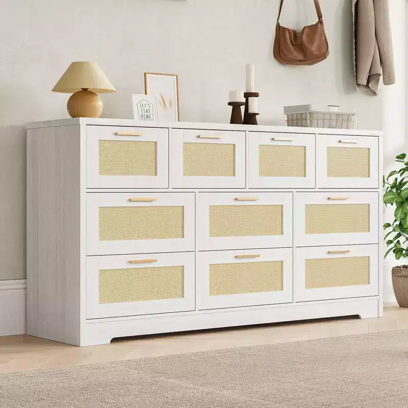 10-Drawer Dresser for Bedroom, Rattan Farmhouse Chest with Handles, Freestanding Wooden Storage Cabinet for Living Room, Closet, Entryway