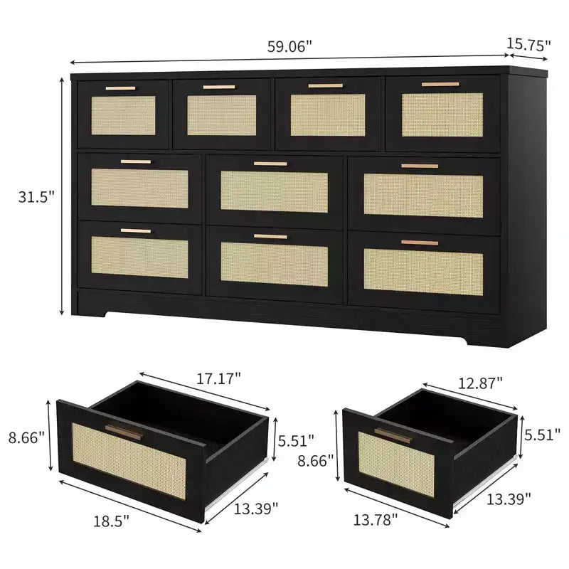 10-Drawer Dresser for Bedroom, Rattan Farmhouse Chest with Handles, Freestanding Wooden Storage Cabinet for Living Room, Closet, Entryway