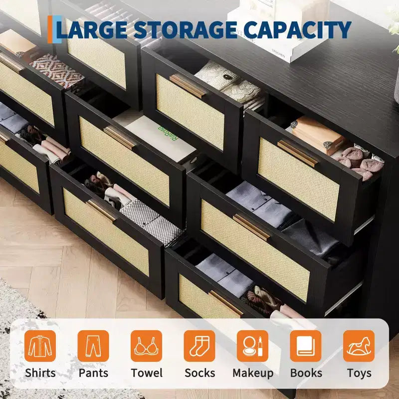 10-Drawer Dresser for Bedroom, Rattan Farmhouse Chest with Handles, Freestanding Wooden Storage Cabinet for Living Room, Closet, Entryway