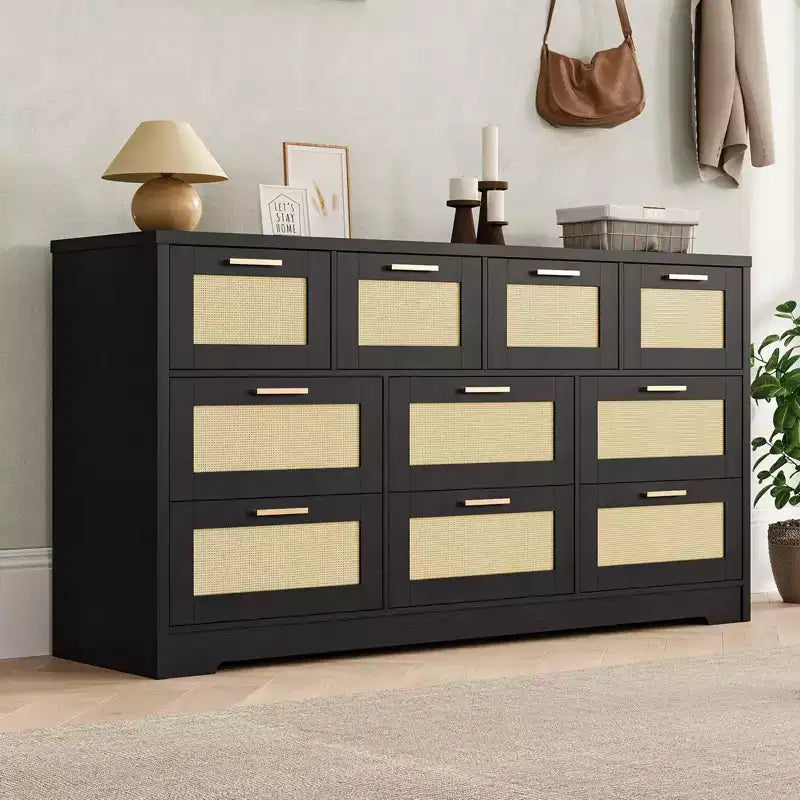 10-Drawer Dresser for Bedroom, Rattan Farmhouse Chest with Handles, Freestanding Wooden Storage Cabinet for Living Room, Closet, Entryway