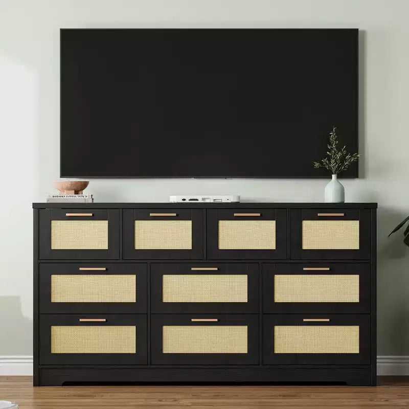 10-Drawer Dresser for Bedroom, Rattan Farmhouse Chest with Handles, Freestanding Wooden Storage Cabinet for Living Room, Closet, Entryway