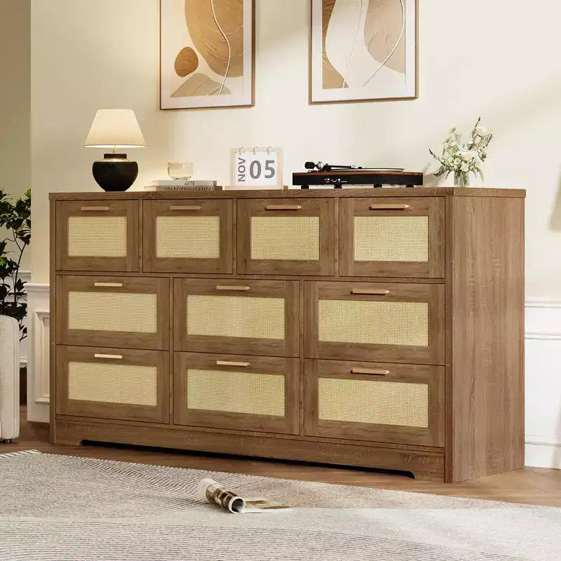 10-Drawer Dresser for Bedroom, Rattan Farmhouse Chest with Handles, Freestanding Wooden Storage Cabinet for Living Room, Closet, Entryway