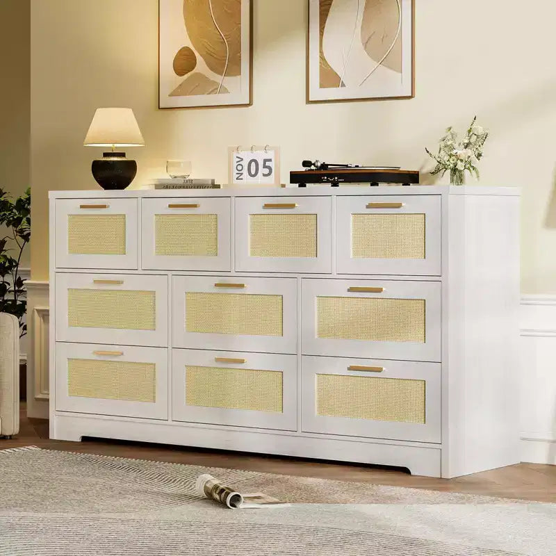 10-Drawer Dresser for Bedroom, Rattan Farmhouse Chest with Handles, Freestanding Wooden Storage Cabinet for Living Room, Closet, Entryway