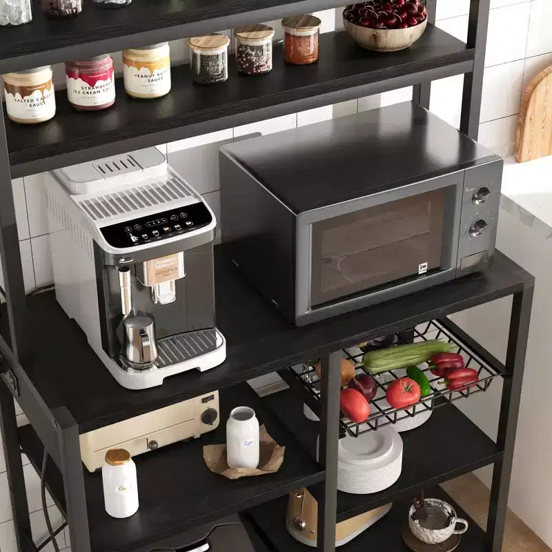 COZONY 5-Tier Bakers Rack w/ Wire Basket, Microwave Stand w/ Power Outlets & Open Kitchen Shelving