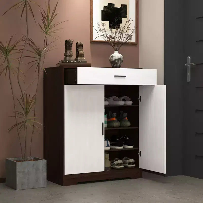MAYEERTY Shoe Cabinet, 4-Tier Rack with 1 Drawer, Freestanding Wooden Storage with 2 White Doors & Adjustable Shelves for Entryway/Hallway