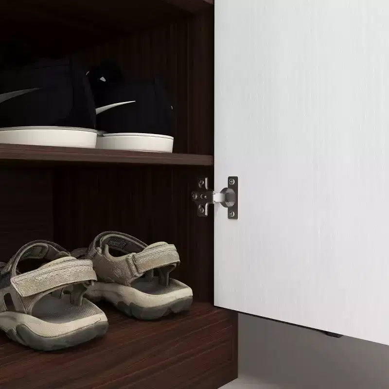 MAYEERTY Shoe Cabinet, 4-Tier Rack with 1 Drawer, Freestanding Wooden Storage with 2 White Doors & Adjustable Shelves for Entryway/Hallway